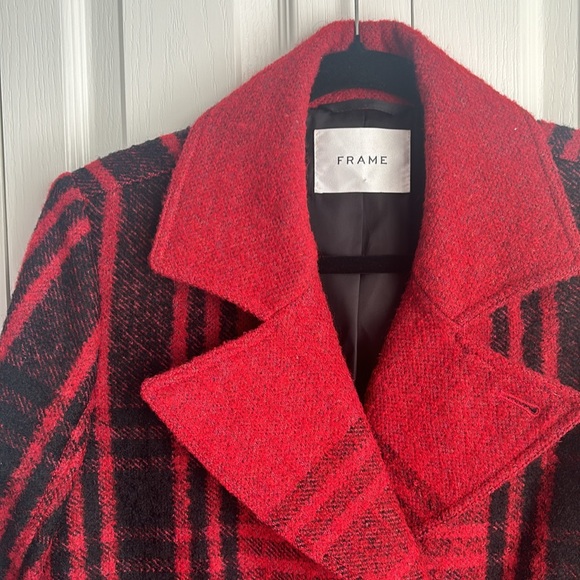 Frame Buffalo Checkered Wool Blend Pea Coat   Red and Black. - Picture 4 of 7